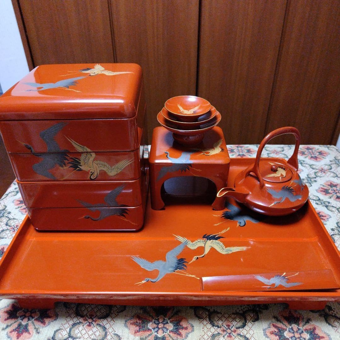 朱塗漆器 屠蘇器・重箱・杯・盆セット 時代物 屠蘇器・重箱セット 木製漆器